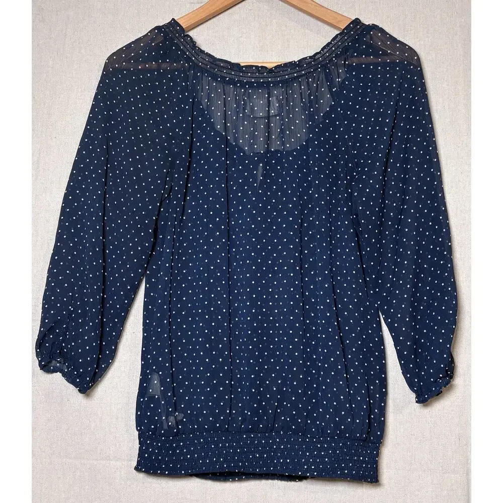 Abercrombie & Fitch Polka Dot Blouse Navy Blue Boho Smocking Puff Sleeve Sheer L